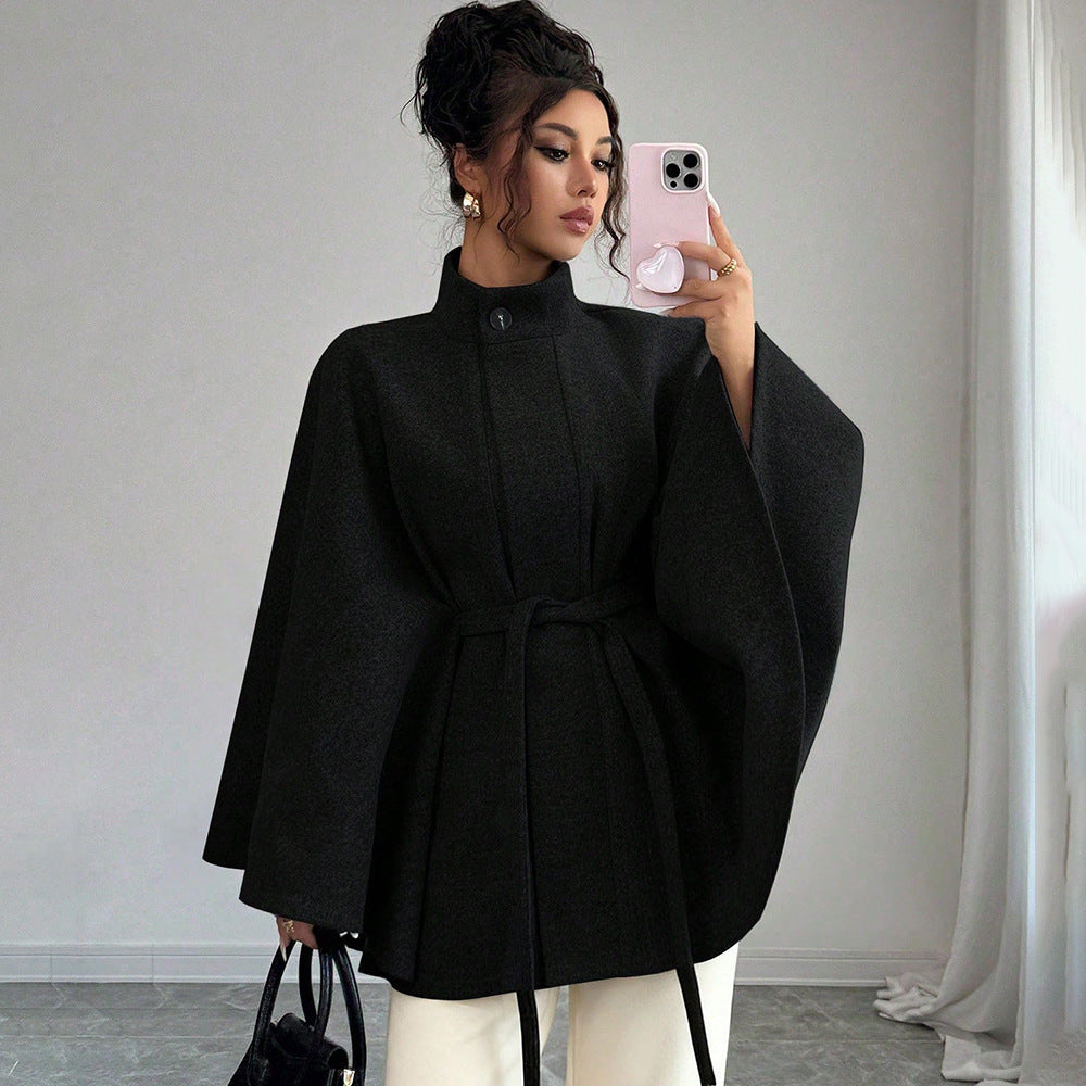 Elegant Stand Collar Tie-Waist Cape-Style Designer Woolen Coat-Black