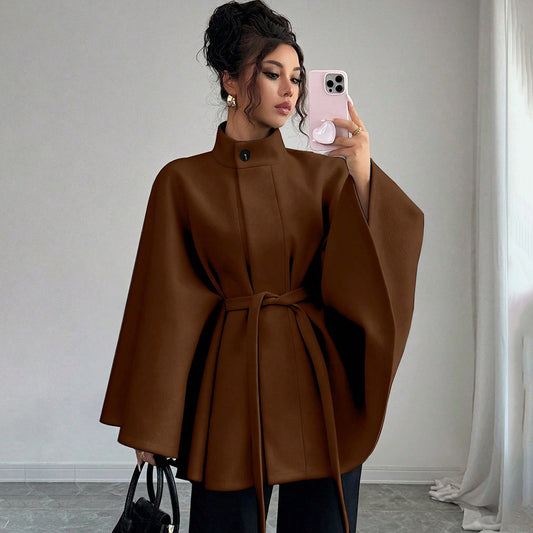 Elegant Stand Collar Tie-Waist Cape-Style Designer Woolen Coat-Brown
