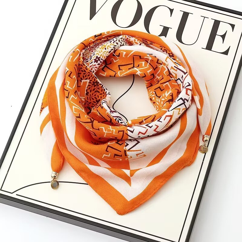 New Arrival Golden Ball Magnetic Buckle Scarf – Premium Cotton Linen Square Neck Scarf for Autumn and Winter, 65*65 cm, Effortless-to-wear Neck Wrap