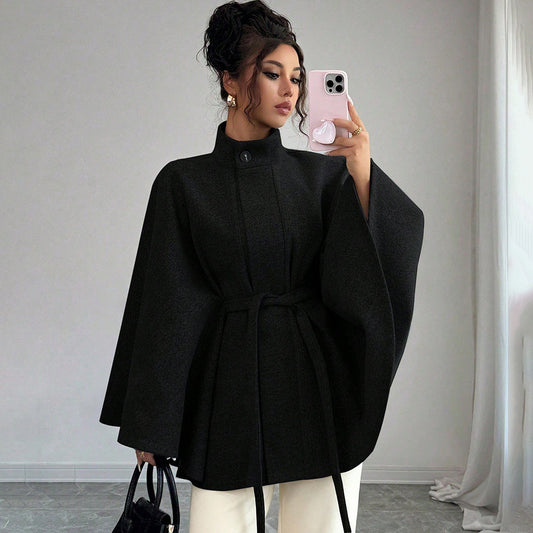 Elegant Stand Collar Tie-Waist Cape-Style Designer Woolen Coat-Black