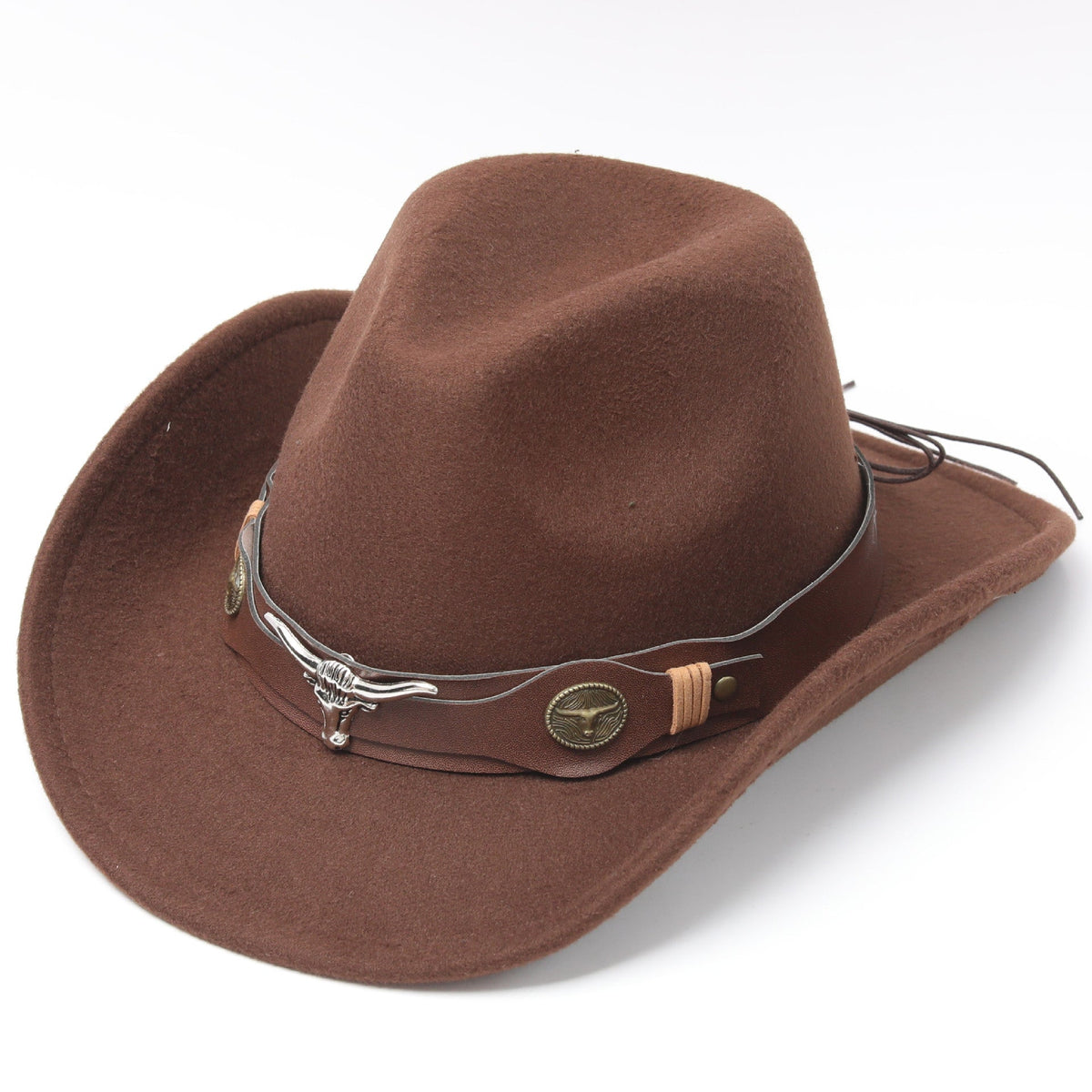 Western Cowboy Hat – Felt Hat with Cow Skull Accessory-Brown / Coffee Brown