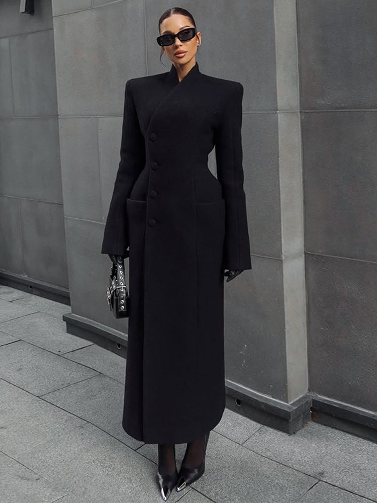 Women's Elegant Stand Collar Single-Breasted Waist-Cinched Long Silhouette Winter Woolen Coat – Premium Feel